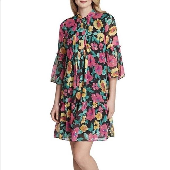 TAHARI BLACK PINK GREEN GOLD FLORAL CHIFFON RUFFLE PLEAT BOW DRESS NWT - Picture 1 of 15